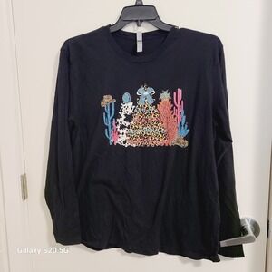 Next Level Apparel XL Black Long Sleeve Christmas Cactus Graphic‎ Tee